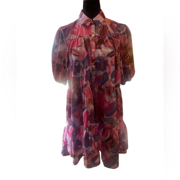 Pink multi colored Floral  Ruffle Hem Smock Dress,baby doll dress,Large,New - Picture 2 of 12